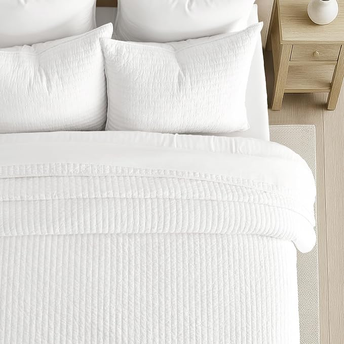 100% Cotton Cross Stitch 3-Piece Quilt Set, King, Bright White | 100% Cotton, Elegant Cross Stitch, Soft & Breathable, Prewashed Softness, Oversized Design, OEKO-TEX® Certified