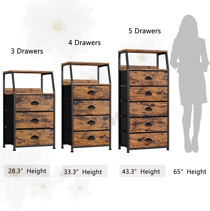 Furnulem Dresser for Bedroom, 5 Drawers Tall Nightstand, Chest of Drawers | Rustic Brown Dresser for Closet, Bedside Table with Fabric Drawer, Metal Frame, Wood Top, Easy Assembly for Dorm, Living Room
