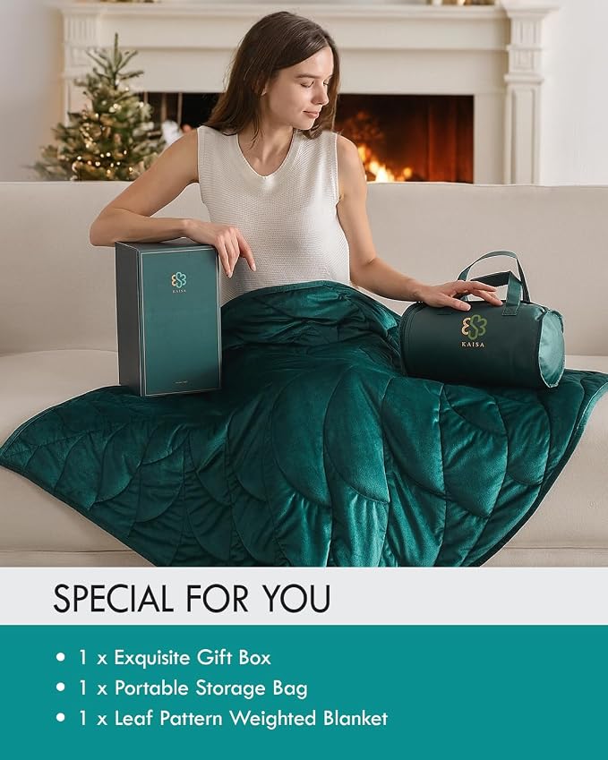 Kaisa Weighted Lap Blanket for Adults, 5 lbs 41" x 53", Leaf Pattern, Green | Washable Weighted Blankets, Small Portable Blanket for Relaxation, Cozy Luxury Crystal Velvet All-Season Heavy Blanket