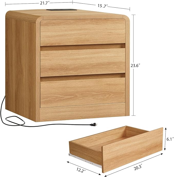 TEENFON Nightstands Set of 2, Night Stand with 3 Storage Drawer and Charging Station, Modern End Tables Wide Night Stands for Bedroom Sofa Couch Home Office, Natural