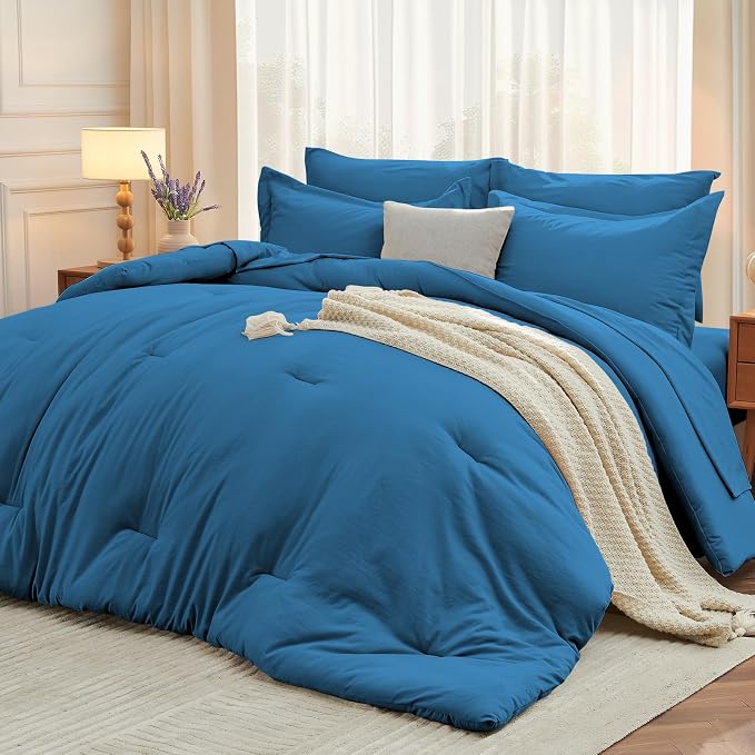 7 Pieces Oversized King Comforter Set, Soft Bed in a Bag Oversized King Size, All Season Bedding Set with Comforter, Flat Sheet, Fitted Sheet, Pillowcases & Shams, Bluish Green