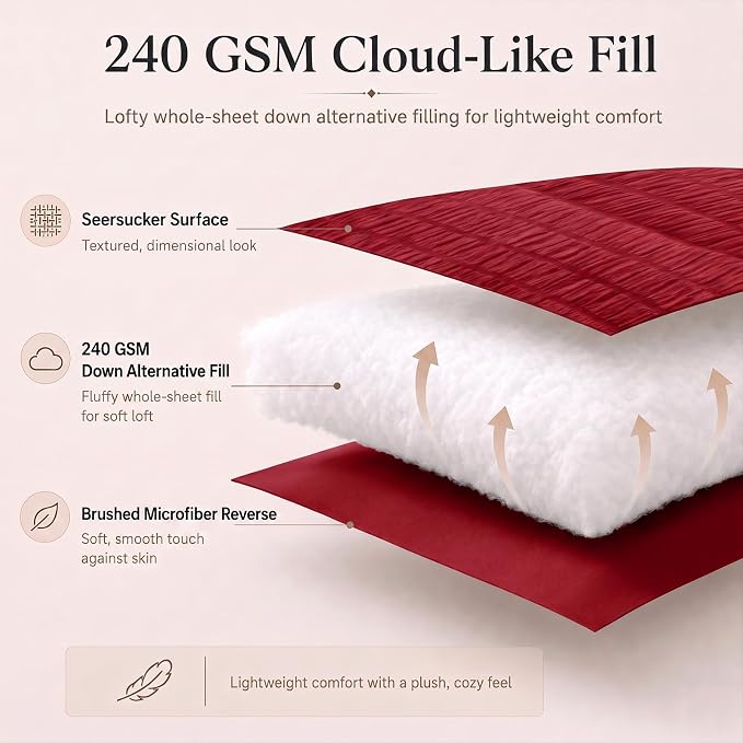 Oversized King Seersucker Comforter Set, Dark Red, 120 x 98 in | OEKO-TEX Certified, 7 Pieces Bed in a Bag with 240 GSM Down Alternative Comforter, Flat & Fitted Sheets, Pillowcases & Shams