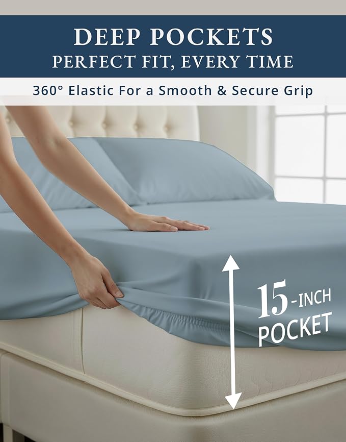 LANE LINEN California King Sheets 100% Egyptian Cotton Sateen - French Blue | Cal King Sheet Set - 4-Piece Set, For A Luxurious Night's Sleep, For Guests And Everyday Use, Guest-Ready Comfort