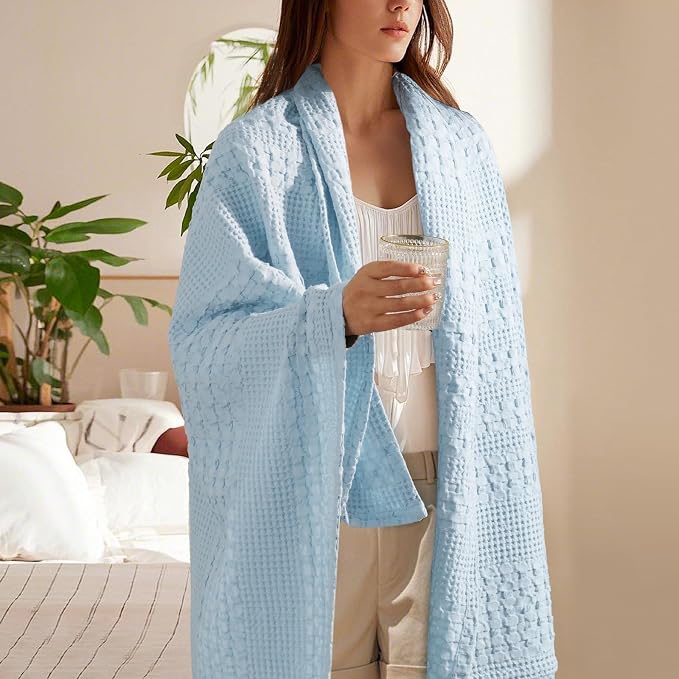 PHF Lightweight 100% Cotton Waffle Throw Blanket for Couch, Baby Blue | Pre-Washed Soft Cotton Comfort, Breathable Layering Warmth for Fall & Winter, Office, Travel, Sofa, Home Decor & Gifts