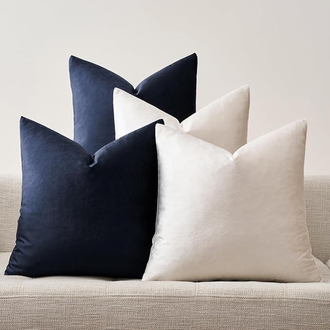 GIGIZAZA Pack of 4 Decorative Velvet Pillow Covers 18x18 Navy Beige | Throw Pillows for Couch Sofa,280gsm Soft Textured Fabric,Modern Accent Pillowcases,Luxury Living Room Cushion Covers