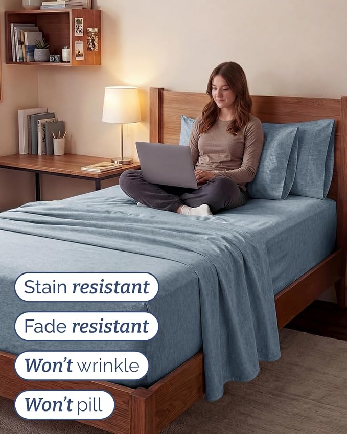 Extra Deep Twin XL Sheet Set - 4 Piece College Dorm Room - Heathered Blue | College Dorm Room Essentials, Easy & Secure Fit, Ultra-Soft, Wrinkle & Fade Free, Comfy Sheets Set with Extra Deep Pockets