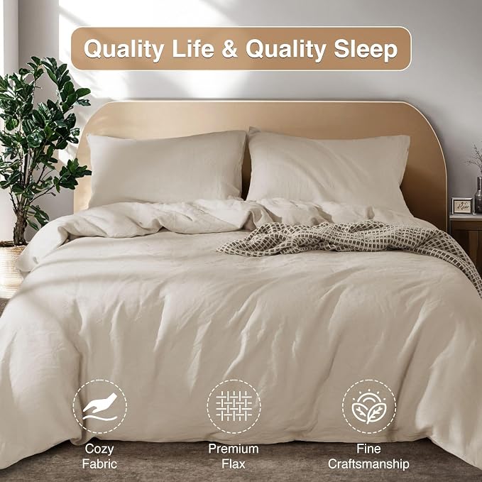 SONORO KATE 100% French Linen King Duvet Cover Set,Zipper Closure,3PC | Natural French Flax,Soft Breathable for Hot Sleepers,Moisture Wicking & Durable,4 Corner Ties,Natural Linen