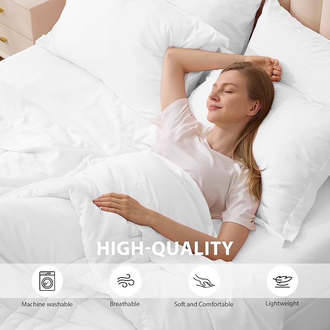 Twin Comforter Set White - Bed in a Bag Twin Size 5 Pieces, Soft Bedding Set for All Seasons, Premium College Dorm Comforter Set with Comforter, 1 Sheet, 1 Pillowcase & 1 Sham