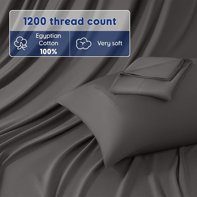 SONORO KATE 100% Egyptian Cotton Sheets,1200 Series,Full Size | Soft Breathable & Cooling LuxuryHotel Cotton,Sateen Weave for Soft Feel,Fits Upto 16" Mattress,4PC,Dark Grey