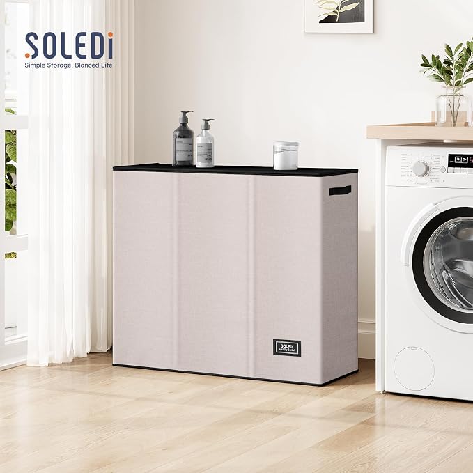 SOLEDI Large Laundry hamper 3 Section with Laundry Bag, XL Clothes Basket | 3-Section Large capacity Laundry Sorter with Odor-Blocking Lid, Robust Iron Frame & Waterproof 600D Fabric, 3 Washable Bags