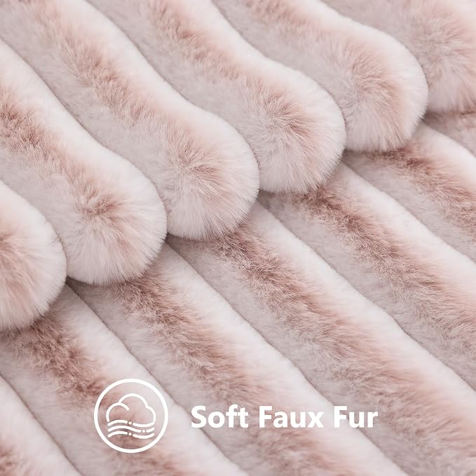 decorUhome Fall Faux Fur Throw Pillow Covers 26x26 Set of 2 Pink White | Decorative Soft Cozy Striped Plush Modern Farmhouse Boho Couch Pillow Cases Velvet Back for Sofa Bed Living Room Home Decor