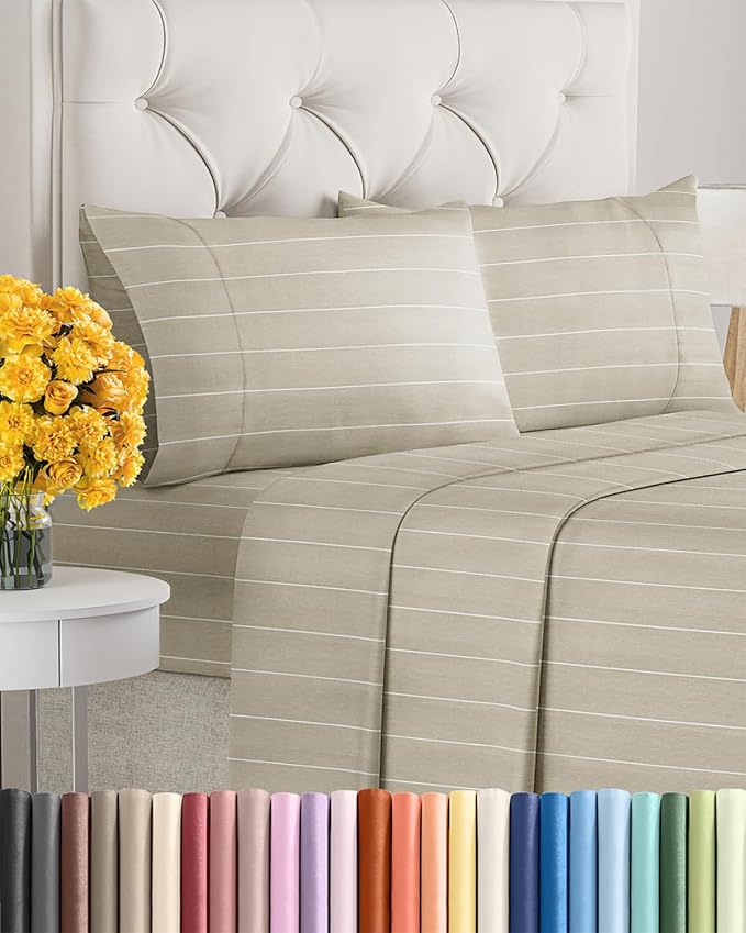 Cal King Size 4 Piece Sheet Set - Soft & Cooling Sheets - Beige Stripes 4 | Fits 8 Inch to 16 inch Mattress, Wrinkle Free & Fade Resistant with Deep Pockets, Breathable, Comfy Hotel Luxury Bedding