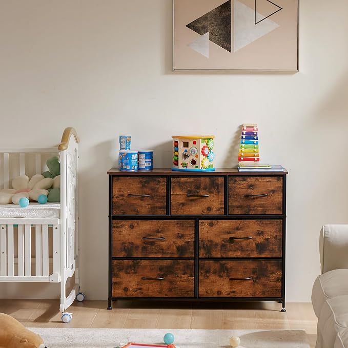 OLIXIS 7 Drawer Fabric Dresser, Storage Tower for Bedroom and Closet | Easy-Pull Bins for Closet Organizers, Chest of Drawers with Sturdy Steel Frame & Wooden Top for Living Room, Entryway, Brown