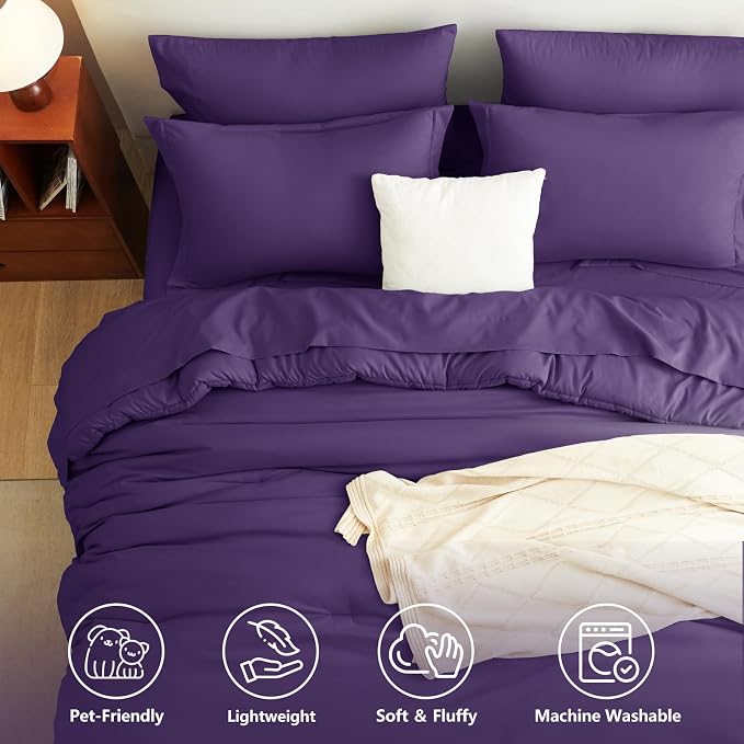 King Size Comforter Set Purple, 7 Pieces Bed in a Bag | OEKO-TEX Certified, All-Season, Bedroom, 240GSM Down Alternative Comforter, Flat & Fitted Sheets, 2 Pillowcases & 2 Shams