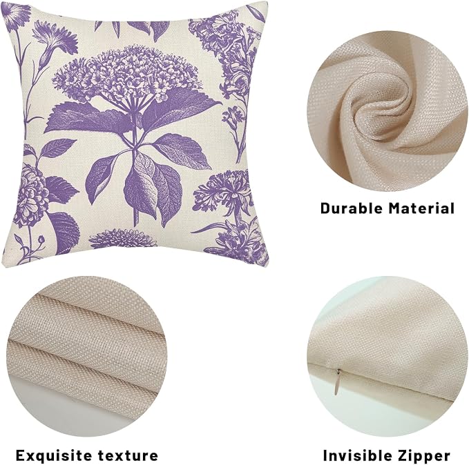 Purple Pillow Covers 16x16 Inch 2 Pcs Boho Vintage Floral Decor Throw Pillows Hydrangea Flower Seasonal Outdoor Farmhouse Neutral Accent Decoration Pillowcase Linen Cushion Cover for Sofa