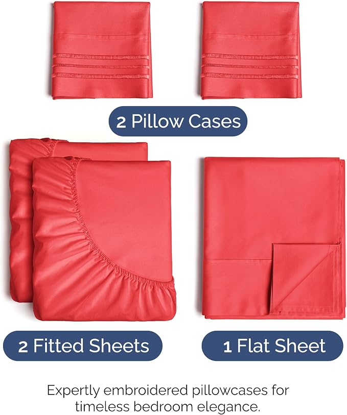 Split King Size 5 Piece Sheet Set - Comfy Breathable & Cooling Sheets - Red | Hotel Luxury Bed Sheets for Women & Men, Deep Pockets, Easy-Fit, Comfy, Soft and Wrinkle Free Sheets, Oeko-Tex Bed Sheet Set