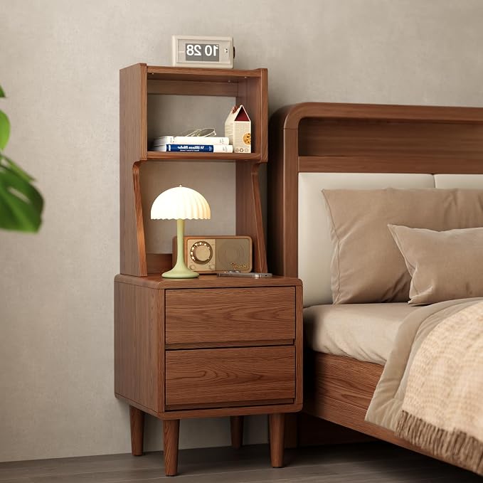 Solid Wood Bookshelf Nightstand Combo, Tall Nightstand with Bookshelf | Walnut Nightstand Bookshelf,Solid Wood Nightstand with Drawers,Open Shelf Bookcase,for Bedroom,Living Room,Offices