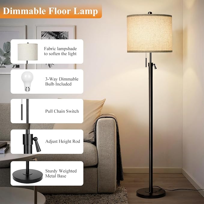 Qingmiao Adjustable Height Floor Lamp for Living Room, Black Standing Lamp for Bedroom Office, Modern Tall Lamp with Linen Shade, 3-Way Dimmable 8W 3000K LED Blub Included (Black)