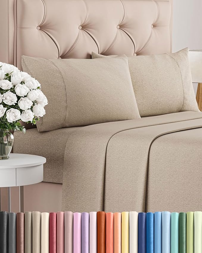 Queen Size 4 Piece Sheet Set - Comfy Breathable & Cooling - Heathered Beige | Hotel Luxury Bed Sheets for Women & Men, Deep Pockets, Easy-Fit, Extra Soft and Wrinkle Free Sheets, Oeko-Tex Bed Sheet Set