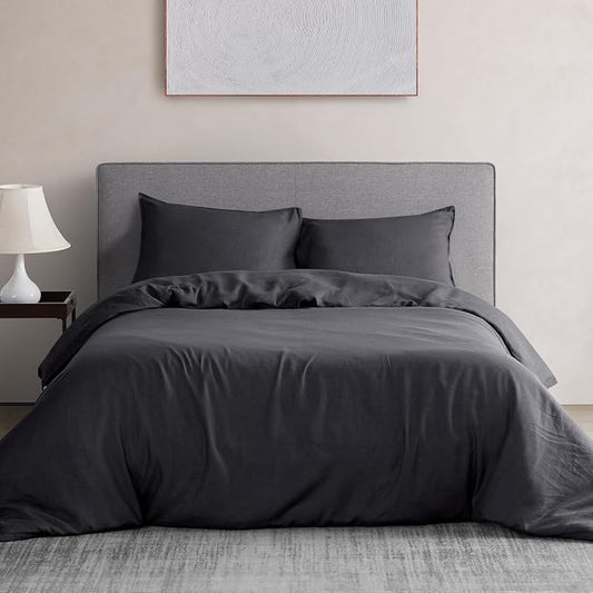 DAPU 100% French Linen Duvet Cover 3Pcs Set, 170GSM Linen Bedding, King | Soft Breathable All-Season for Hot sleepers, Corner Ties & Zipper Closure, French Linen Flax from Normandy, Dark Gray