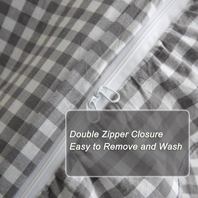 Silnuo Gray/White Gingham Plaid Ruffle 3-Piece Duvet Cover Set Queen Size | 100% Washed Cotton Shabby Gingham Plaid Bedding Set Farmhouse Comforter Set(Queen,Gray/White)