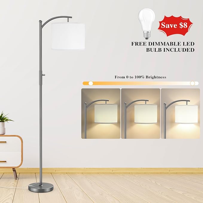 ROTTOGOON Dimmable Floor Lamp, Arc Floor Lamps for Living Room, Stepless Dimming Modern Standing Lamp with Linen Shade, Tall Lamp for Bedroom Office Dining Room- Grey