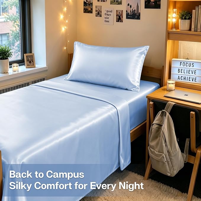 MR&HM Satin Sheets Twin XL Size with Elastic Corner Straps, Light Blue | Similar to Silk, 3-Piece Silky Soft Bed Sheet Set, Gentle on Skin and Hair, 15" Deep Pocket, Cooling & Breathable