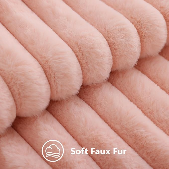 decorUhome Fall Faux Fur Throw Pillow Covers 12x20 Set of 2 Blush Pink | Decorative Soft Cozy Striped Plush Modern Farmhouse Boho Couch Pillow Cases Velvet Back for Sofa Bed Living Room Home Decor