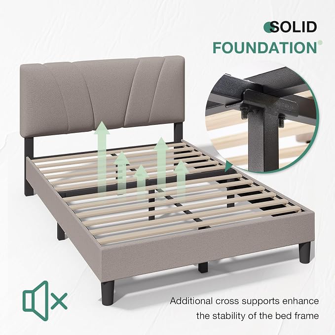 Novilla Full Size Bed Frame with Adjustable Headboard Platform Full Bed Frame with Linen Fabric Upholstered Headboard, No Box Spring Needed, Noise-Free, Wooden Slats Support, Easy Assembly, Beige