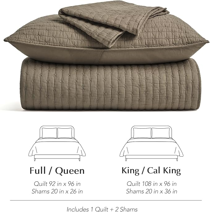 100% Cotton Cross Stitch 3-Piece Quilt Set, King, Mocha Brown | Cross Stitch Cotton Quilt, Pre-Washed Bedding Set, Oversized Lightweight Bedspread Coverlet, for All Season, with 2 Shams