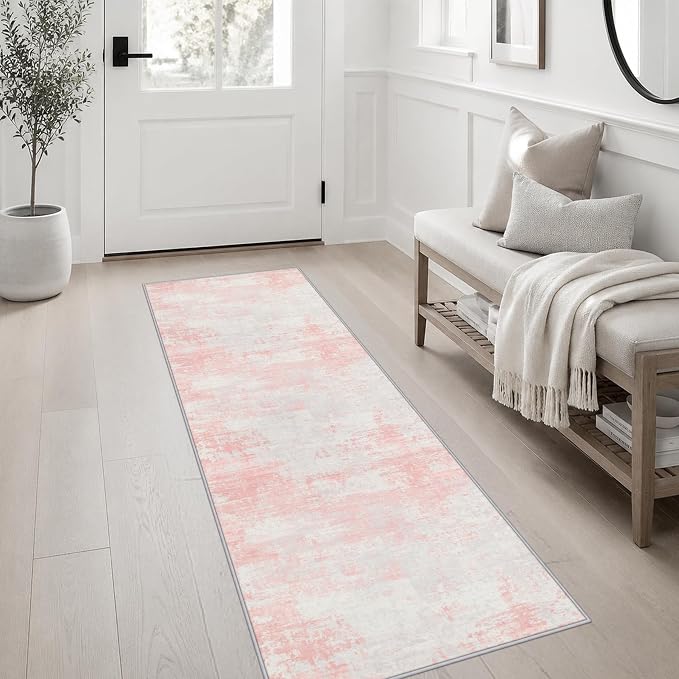 2x6 Washable Runner Rug：Modern Abstract Soft Carpet Pink White | For Hallway, Bedroom, Kitchen, Laundry, Bathroom,Door Mat,Modern Abstract,Machine washable,Non-Slip,Stain Resistant,Indoor