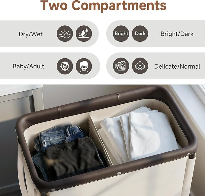 StorageWorks 2 Section Laundry Hamper, 100L Beige Sorter Cart with Wheels | Laundry Basket with Handles, Beige Sorter Cart for Bedroom, Bathroom, Apartment, Dorm