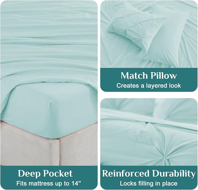 JOLLYVOGUE King Size Comforter Set 7 Pieces - Bed in a Bag King for All Season, Pintuck Bedding Comforter Sets with Comforter, Flat Sheet, Fitted Sheet and Pillowcases & Shams, Lake Blue