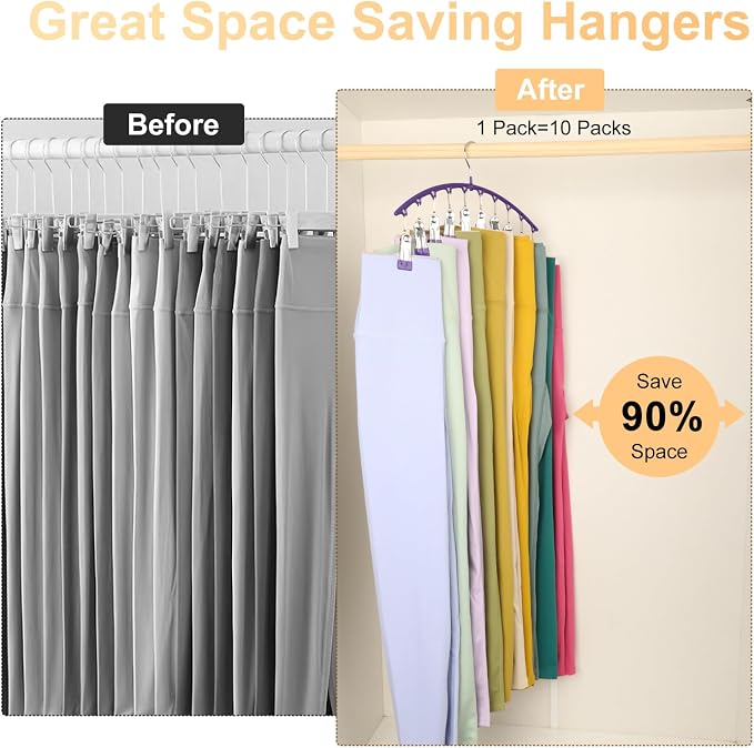 Volnamal Legging Organizer for Closet,1 Pack Metal Yoga Pants Hanger-Purple | Clothes Hanger w/10 Clips Hold 10 Leggings,Space Saving Hanging Closet Organizer College Dorm Essentials Apartment Essential