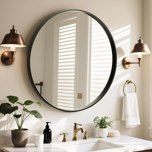 Round Wood Mirror, 32" Round Modern Decoration Large Circle Wall Mirror for Bathroom Living Room Bedroom Entryway, Black