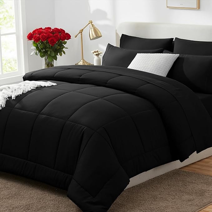 King Size Comforter Set Black - 7 Pieces Bed in a Bag | OEKO-TEX Certified, All-Season, Bedroom, Guest Room, Down-Alternative Comforter + Flat & Fitted Sheets + 4 Pillowcases