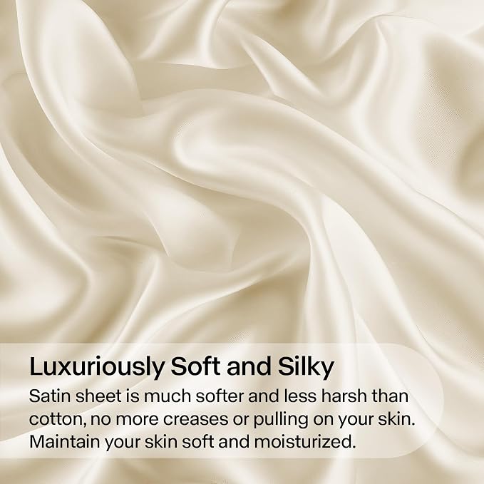 BEDELITE Satin Sheets California King Size Bed Set, Beige, 4 Pieces | Luxury Silky Bed Sheets, 15 Inch Deep Pocket, Similar to Silk, Soft and Cooling, Reduces Friction, Gentle on Hair and Skin
