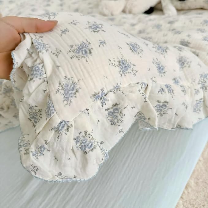 Cottage Chic Ruffled Duvet Cover Full, Blue Floral Quilt Cover 79"x90", 1 PC, Soft Muslin Cotton Comforter Cover Farmhouse Bedding Duvet Cover, No Comforter Insert/Pillowcase