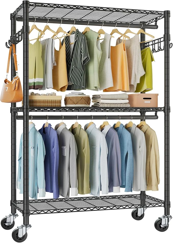 VIPEK R2 Plus Clothes Rack Heavy Duty Rolling Closet for Hanging Clothes | Lockable Silent Wheels, Double Hanging Rods, Adjustable Wire Shelving, Metal Side Hooks, Load 650lbs, for Bedroom/Home, Black