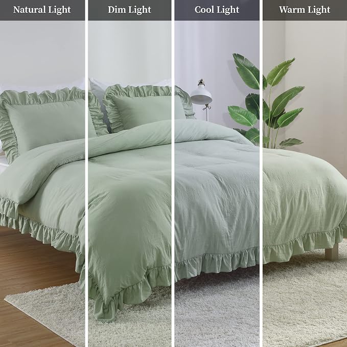 CAROMIO Ruffle Duvet Cover King Size, 3PCS Soft Washed Microfiber Vintage French Country Duvet Cover Set with Button Closure, Sage Green, 104x90 in