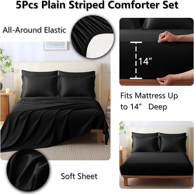Twin XL Comforter Set Black - 5 Pieces Complete Bedding Set | College Dorm Essentials, OEKO-TEX Certified, 240GSM Down-Alternative Comforter, 14" Deep-Pocket Sheets, Sham & Pillowcase