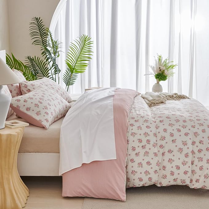 Flower King Comforter Set Soft 3 Pieces Chic Crinkle Gauze Fabric Garden Style Floral Print Botanical Comforter for All Seasons Luxury Warmth Comfy Breathable with 2 Pillowcases