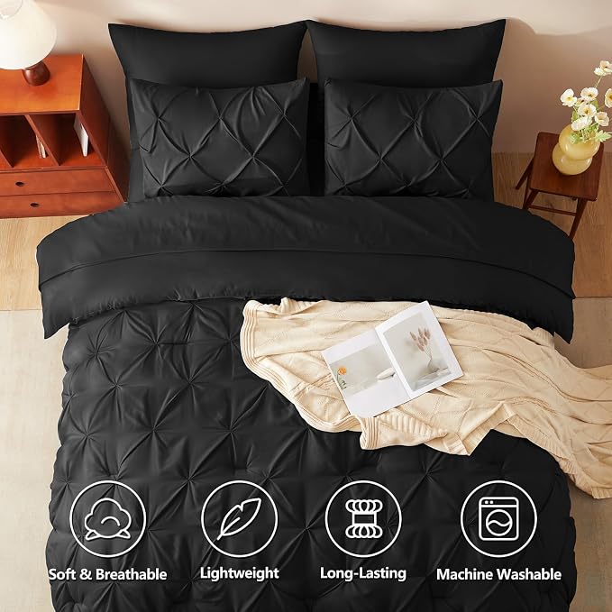King Size Comforter Set Black, 7 Pieces Pintuck Bed in a Bag | OEKO-TEX 100 Certified, 240GSM All Season, Bedroom, Guest Room, Down-Alternative Comforter, Sheets, Pillowcases & Shams