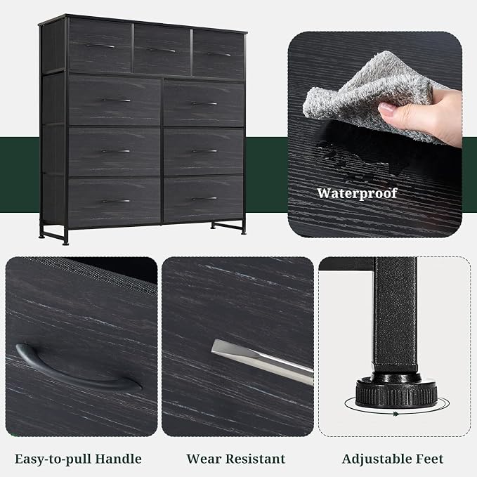 9-Drawer Dresser for Bedroom, Anti-Tip Tall Storage Organizer | Chest of Drawers with Wooden Top and Metal Frame Fabric Bins for Closet, Living Room, Hallway, Entryway, Charcoal Black