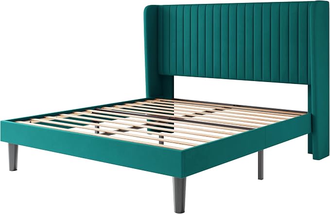SHA CERLIN Full Size Velvet Bed Frame, Tufted Wingback Headboard, Teal | 47'' Modern Vertical Channel Headboard, Upholstered Platform Bed, Wood Slats, No Box Spring Needed, Easy Assembly, Noise Free