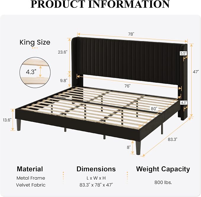SHA CERLIN King Size Velvet Bed Frame, Tufted Wingback Headboard, Black | 47'' Modern Vertical Channel Headboard, Upholstered Platform Bed, Wood Slats, No Box Spring Needed, Easy Assembly, Noise Free