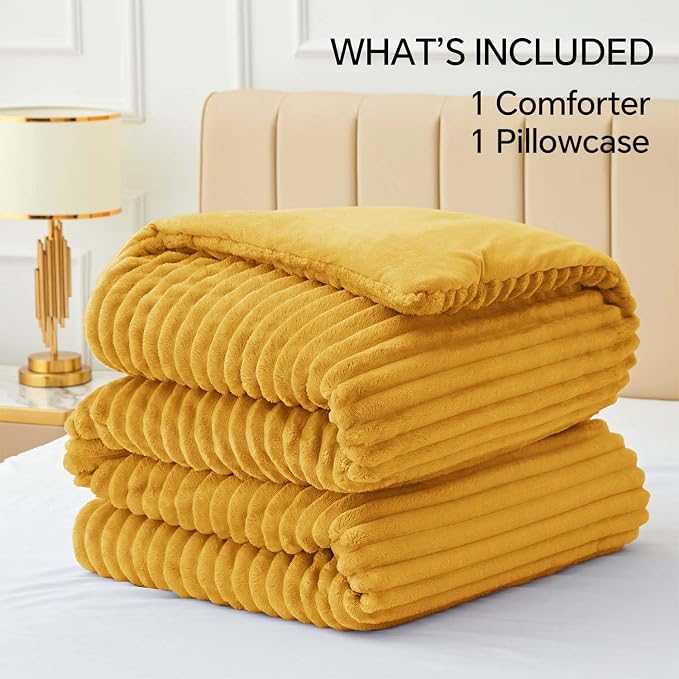 BEDELITE Fleece Twin/Twin XL Comforter Set, Fluffy Bed Set, Mustard | Super Soft & Warm Bedding, Luxury Fuzzy Faux Fur Comforter for Winter, Heavy Plush Bedding, with 1 Pillowcase