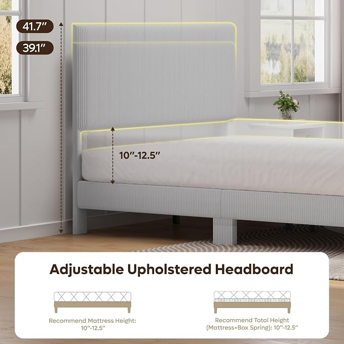 Bestier Queen Bed Frame with Headboard LED Lighting,Upholstered,Light Grey | LED Lighting Headboard,Easy Assembly,No Squeaks,Vertical Channel Corduroy Upholstered,Wood Slats Support,No Box Spring Needed