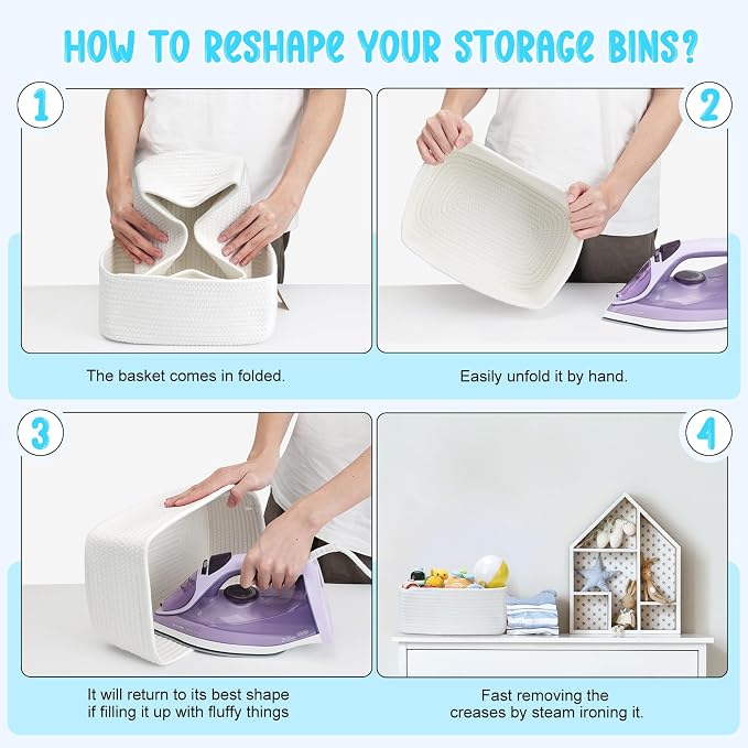 3 Pack Storage Baskets for Organizing, 13.7×9.5×6.3", White | Woven Baskets for Shelves, Cotton Rope Basket for Gifts Empty, Closet Organizer Bins with Handles, Cube Decorative Box
