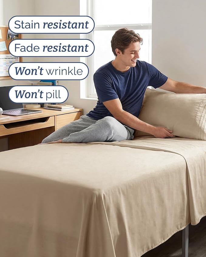 Twin XL 3 Piece Sheet Set - College Dorm Room Essentials - Cream | Deep Pocket Bed Sheets for Women, Men, Teens & Students, Soft, Cooling, Breathable & Wrinkle Free, Oeko-Tex Bed Sheet Set